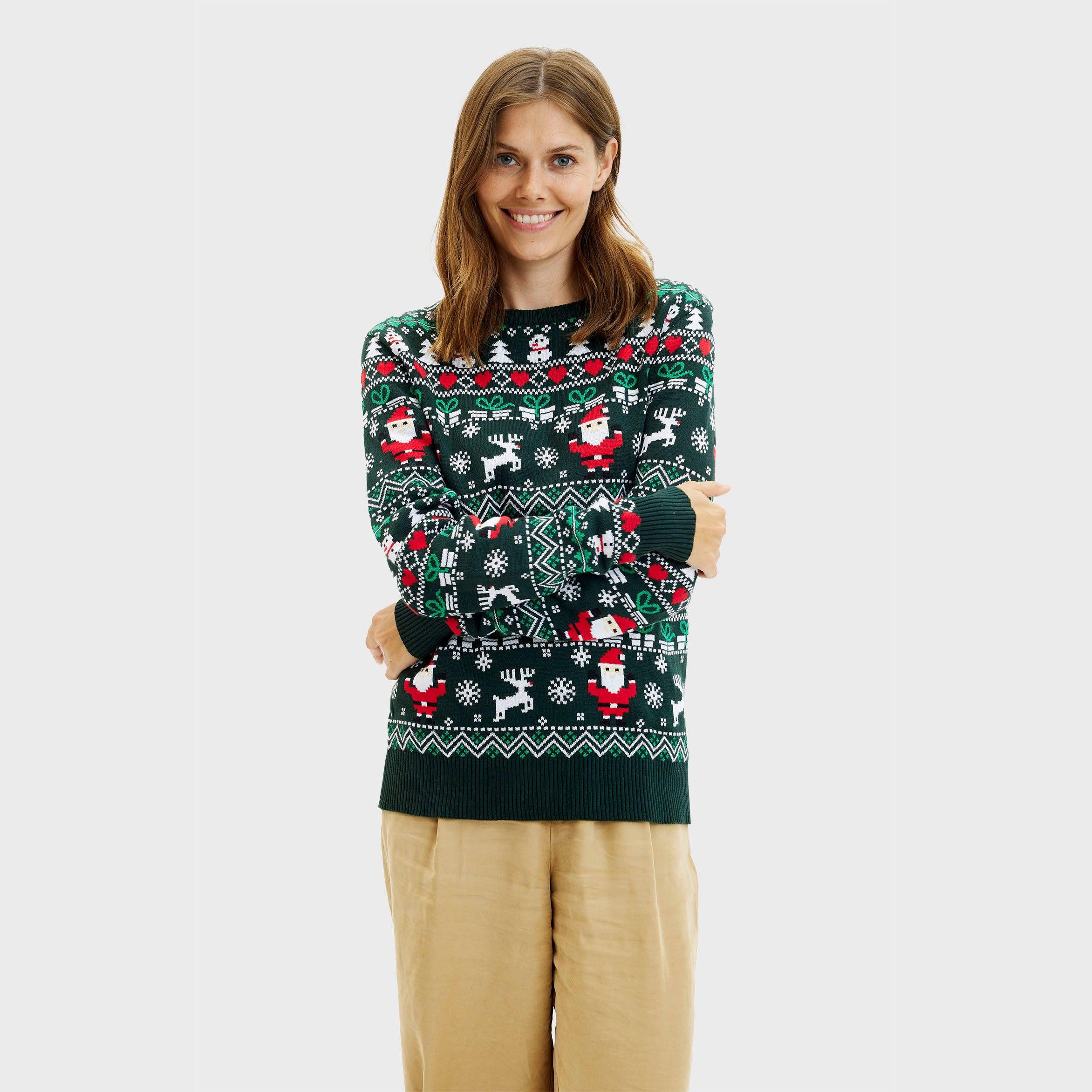 Grüner Weihnachtspullover Damen mit Santa- und Rentier-Motiv, nachhaltiger Baumwollmix.